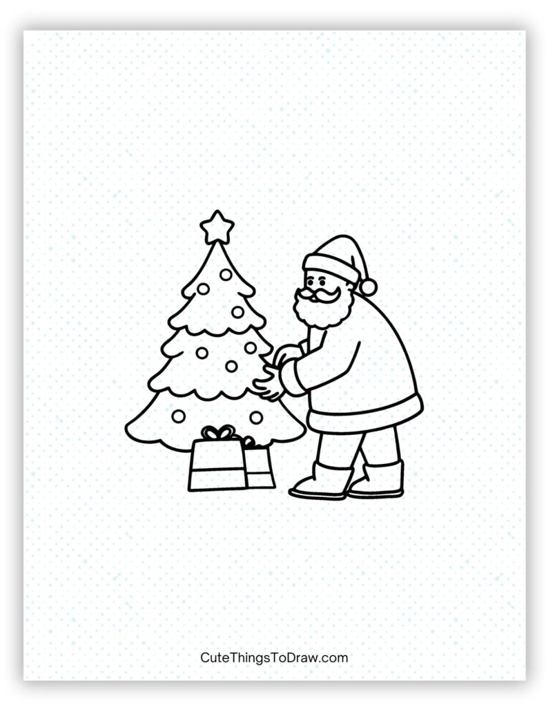 Santa Claus standing beside a Christmas tree Santa Claus drawing