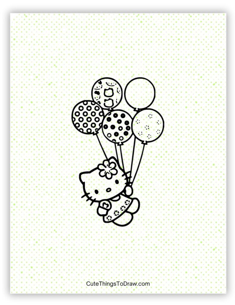Hello Kitty Floating with Hot Air Balloons Drawing