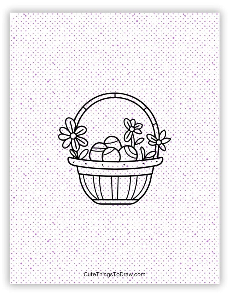Easter basket holding flowers and decorated eggs