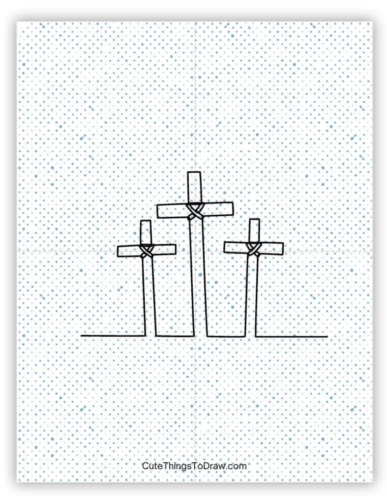 One line drawing of three crosses