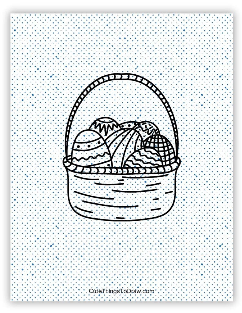 Pretty Easter eggs inside of an Easter basket to draw