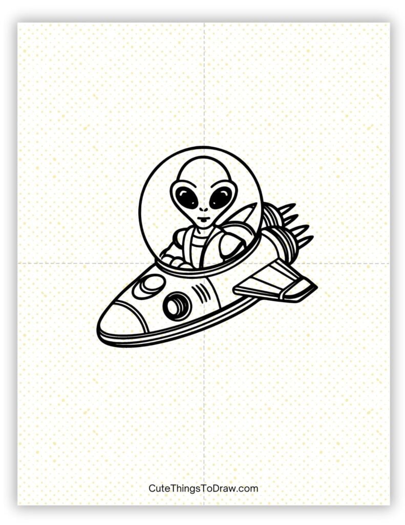 Alien driving a space rocket drawing