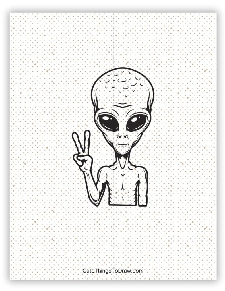 Alien holding up peace sign with two fingers drawing