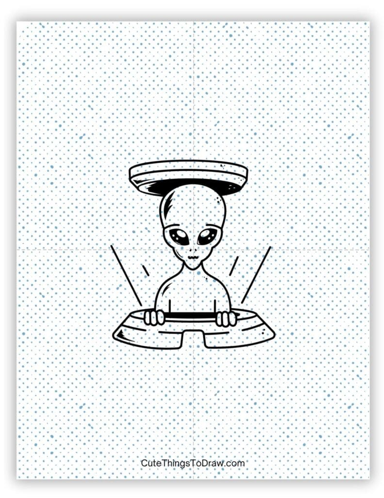 Alien peeking out of his spaceship drawing