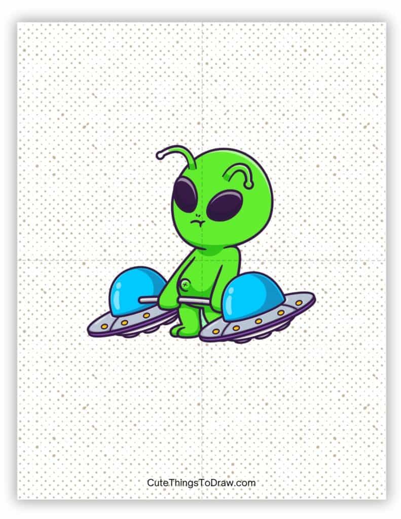 Alien picking up spaceship dumbbells to draw