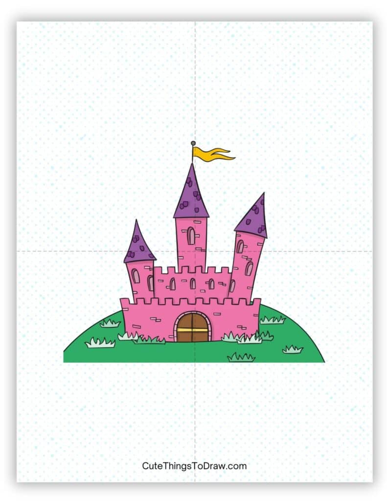 Castle surrounded with green grass drawing