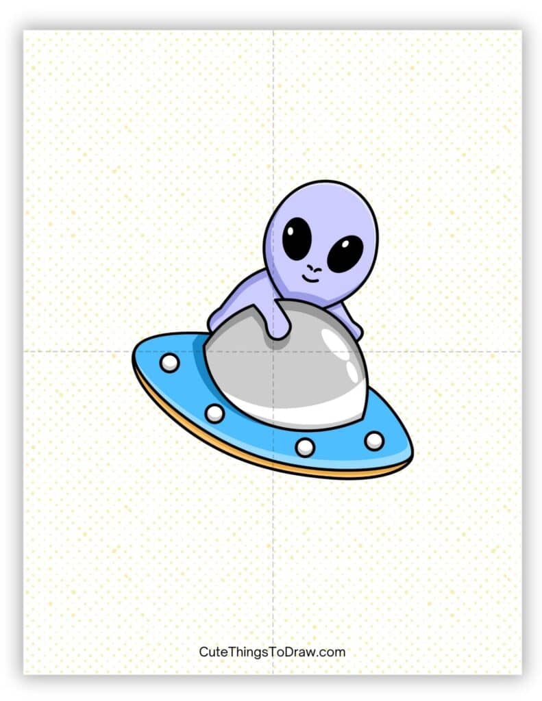 Cute alien hanging onto a spaceship