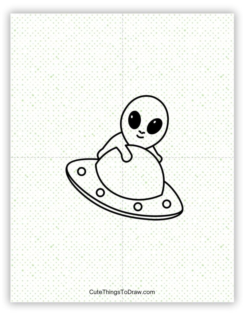 Hand-sketched alien riding on top of a spaceship drawing