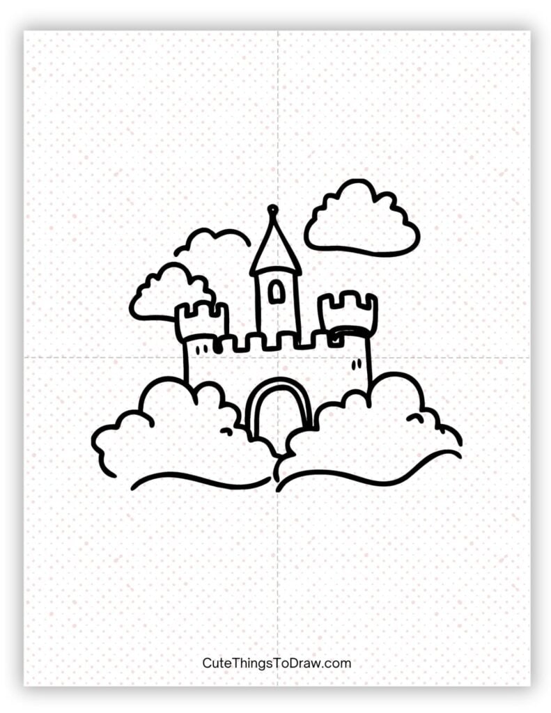 Hand-sketched castle floating in clouds drawing