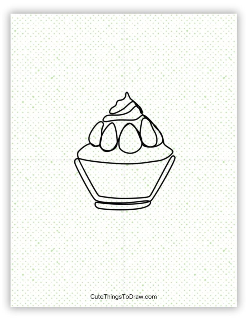 One line drawing of ice cream and strawberries